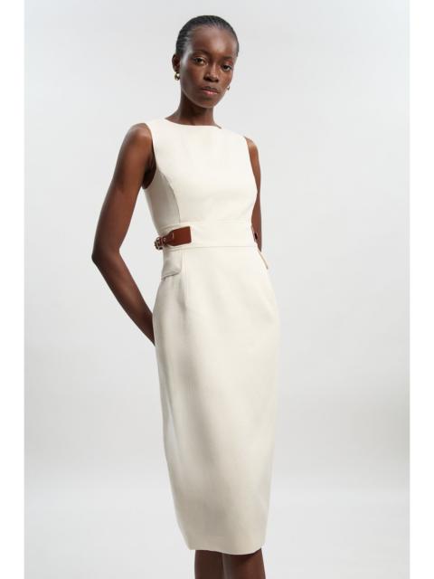 Tailored Linen Tab Waist Pencil Midi Dress