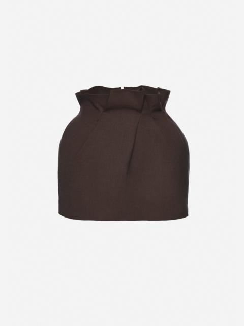 Mini linen skirt with ruffled waist in brown
