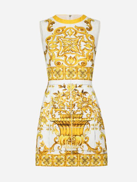 Short majolica-print brocade dress