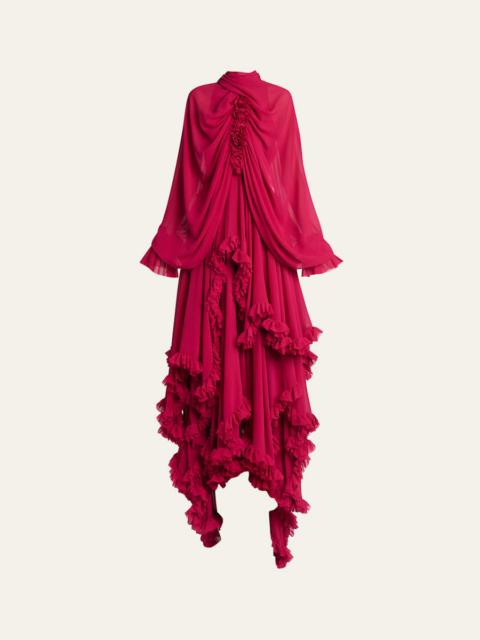 Draped Open-Back Ruffle Cape Gown