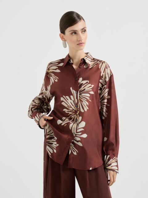 Silk bloom print pongee shirt with monili