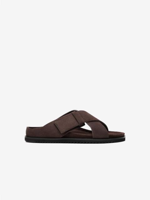 Dark brown sandals with suede crossover straps