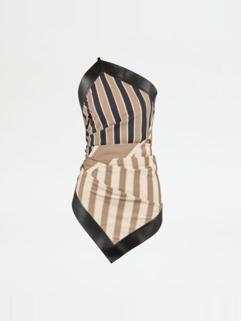 TOP IN SILK WITH LEATHER INSERTS - BROWN, BEIGE, OFF WHITE