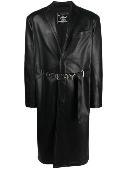 belted faux-leather coat