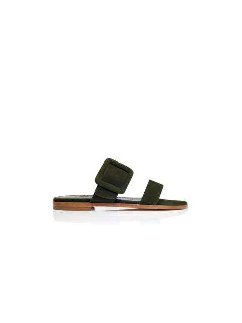 Dark Green Suede Flat Sandals