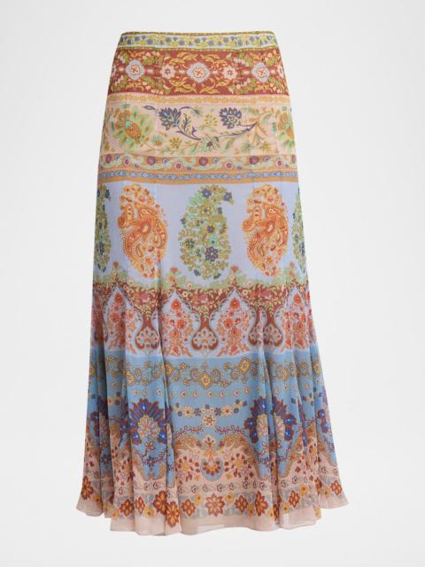 Paisley-Print Georgette Godet Midi Skirt
