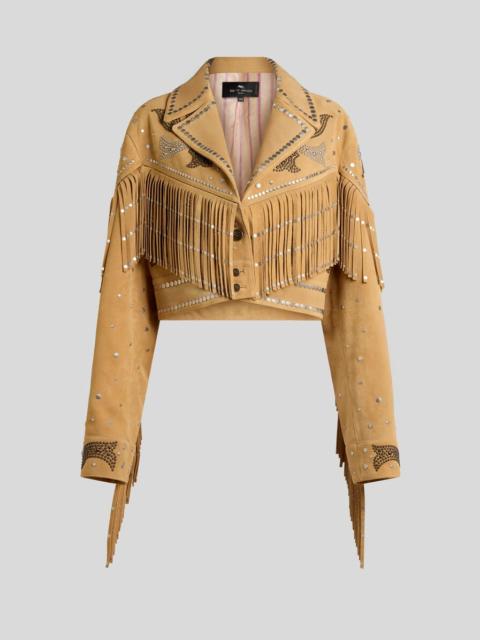 CROPPED LEATHER JACKET WITH STUDS AND FRINGING
