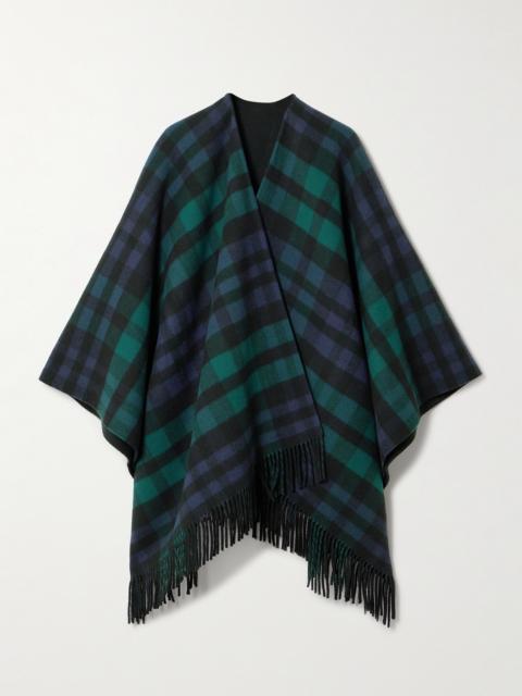 Reversible Fringed Checked Wool Cape