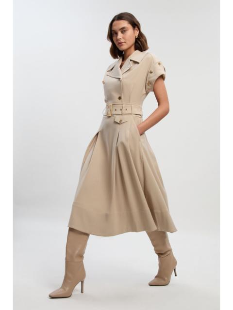 Polished Tailored Button Detail Pleated Midi Dress