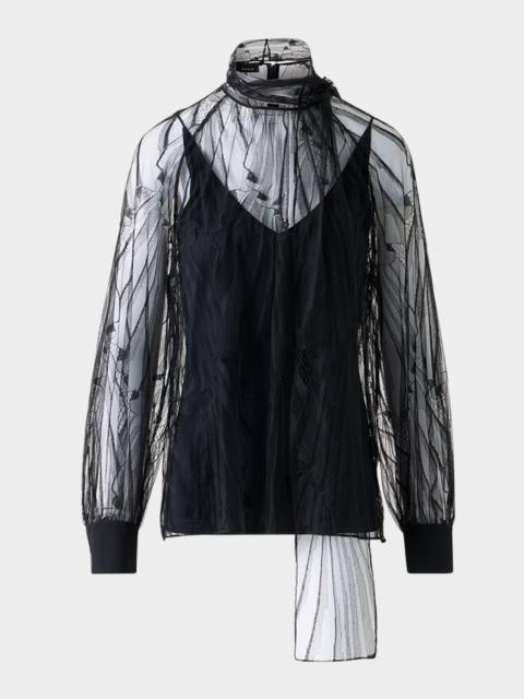 Long-Sleeve Flounce Lace Scarf Blouse