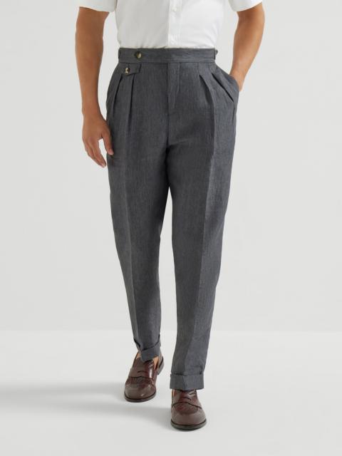 Lightweight délavé linen trousers with reversed double pleats and waist tabs