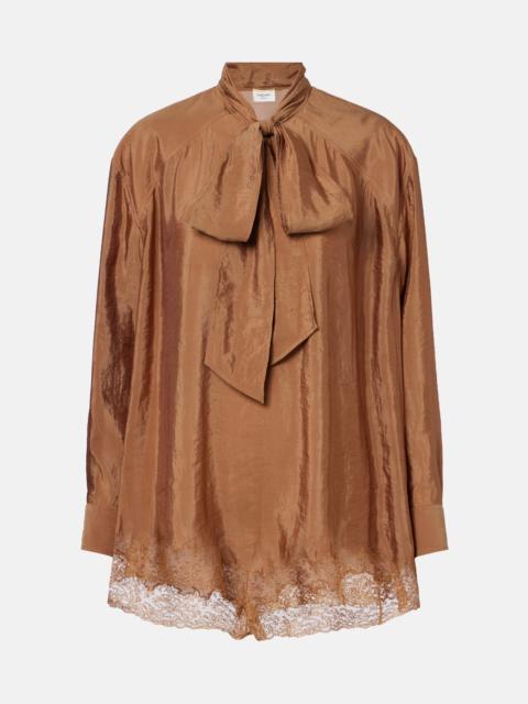 Lace-trimmed tie-neck romper