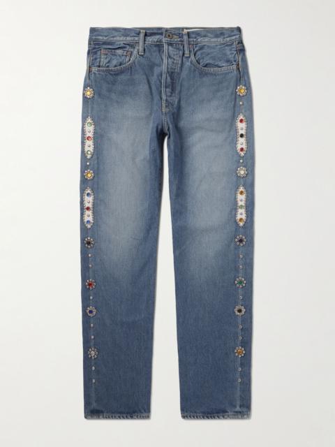 Monkey Cisco Straight-Leg Leather-Trimmed Embellished Jeans Blue