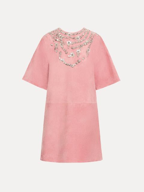 CRYSTAL NECKLACE EMBROIDERED SUEDE DRESS