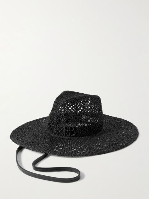 Embroidered leather-trimmed straw hat Black