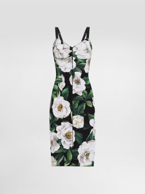 Stretch marquisette midi dress with gardenia print