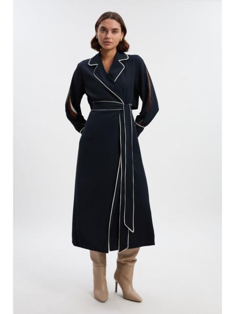 Contrast Tipping Tie Waist Long Sleeve Woven Trench Midi Dress