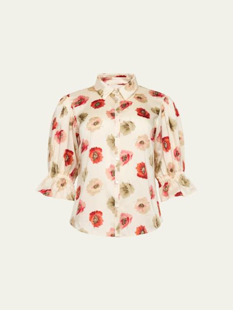 Floating Poppies Puff-Sleeve Silk Shirt