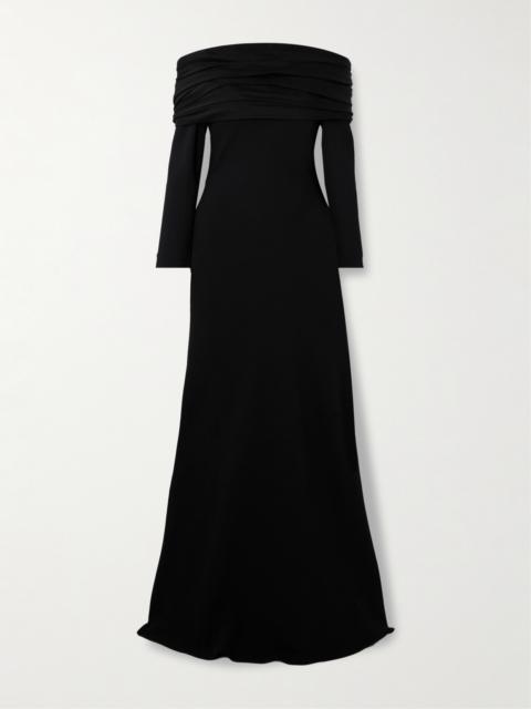 Off-the-shoulder Bow-embellished Pleated Satin-trimmed Crepe Maxi Dress