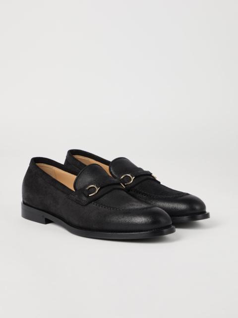 Oiled suede penny loafers with bit detail