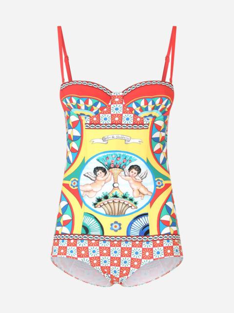 Carretto-print balconette one-piece swimsuit
