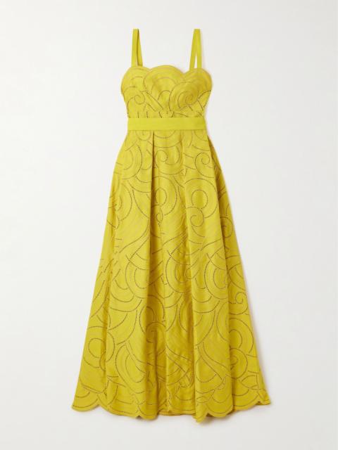 Belted pleated embroidered cotton-blend twill gown Yellow