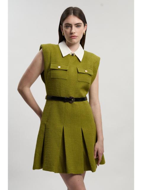 Textured Tweed Contrast Collar Pleated Tailored Mini Dress