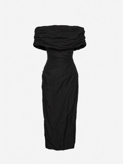 Off-shoulder draped midi dress in black
