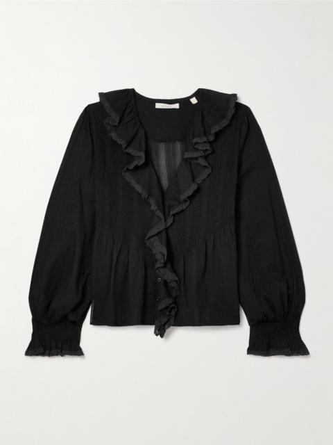 Hardy lace-trimmed ruffled pintucked organic cotton-voile blouse Black