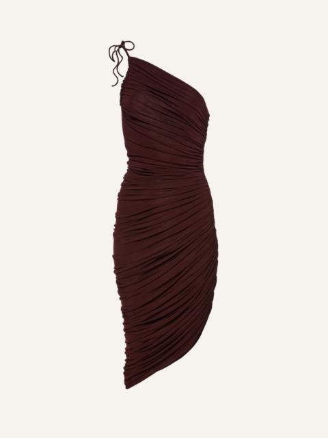 Asymmetrical draped midi dress in bordeaux