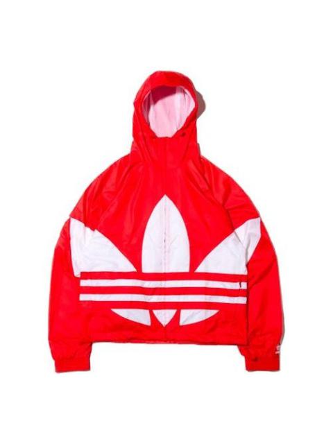 adidas originals Big trefoil Stripe Large Logo hooded Casual Jacket Red FM7076