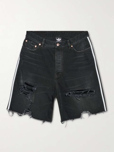 + adidas Wide-Leg Distressed Striped Denim Shorts