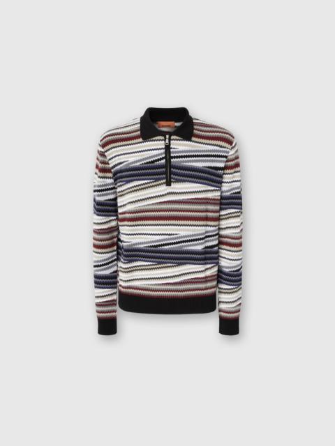 Long Sleeve Polo with Zip and Striped Zigzag Pattern