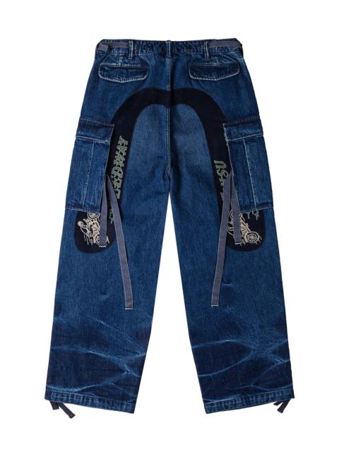 Vintage motorcycle Print Washed Daicock Embroidery Wide-leg Cargo Jeans