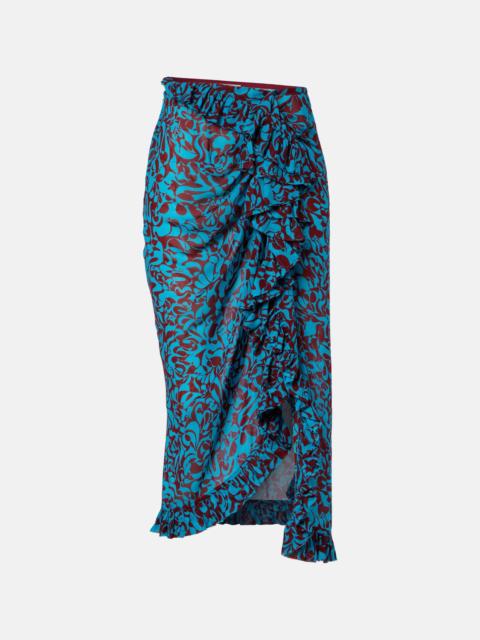 Printed draped ruffled midi skirt