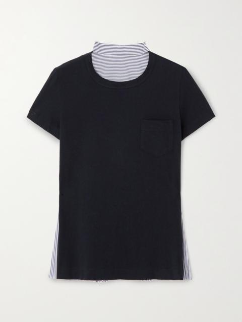 Pleated Paneled Cotton-jersey And Striped Poplin T-shirt
