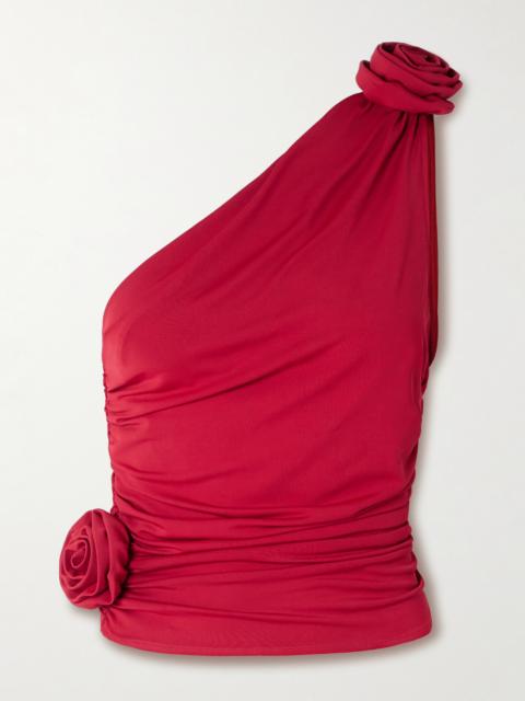 One-shoulder Appliquéd Gathered Stretch-jersey Top