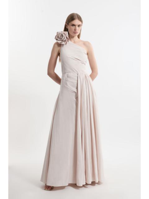Petite Taffeta Rosette Neck Tailored Pleat Gathered Maxi Dress