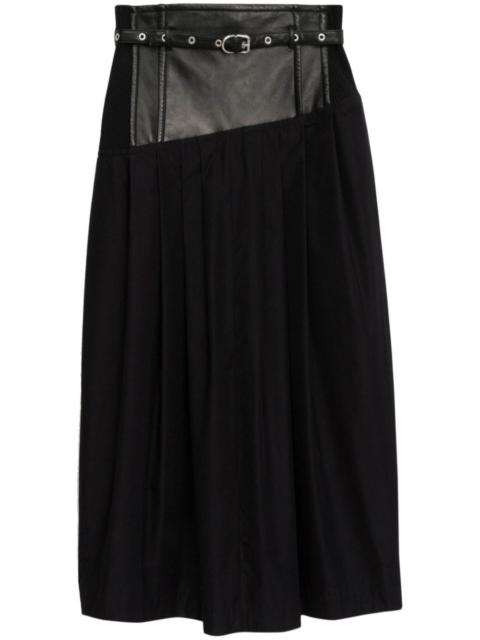 Yoke leather pleated midi skirt