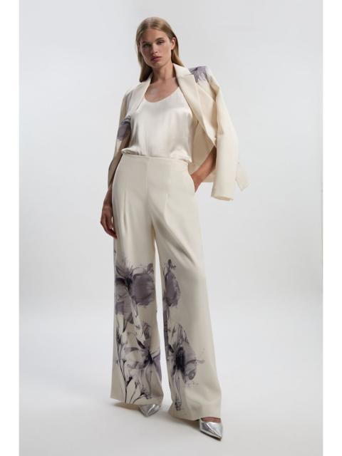 Floral Placement Print Tailored Crepe Pleat Detail Wide Leg Trousers