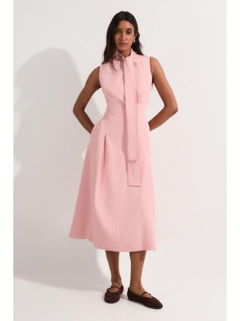 Compact Stretch Viscose Tie Neck Tailored Full Skirted Midi Dress