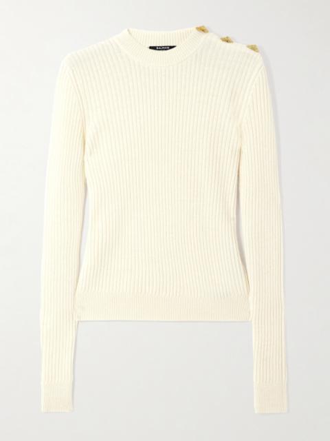 Button-embellished Ribbed Wool And Cashmere-blend Sweater