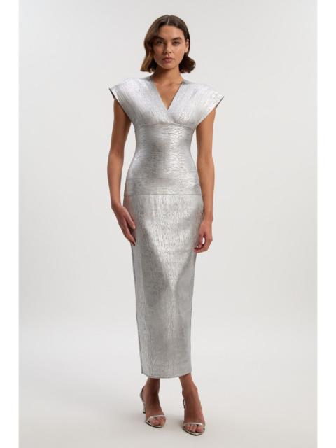 Foil Metallic Figure Form Bandage Angel Sleeve Knit Maxi Dress
