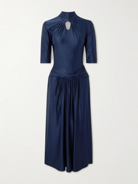 Crystal-embellished Gathered Satin-jersey Midi Dress