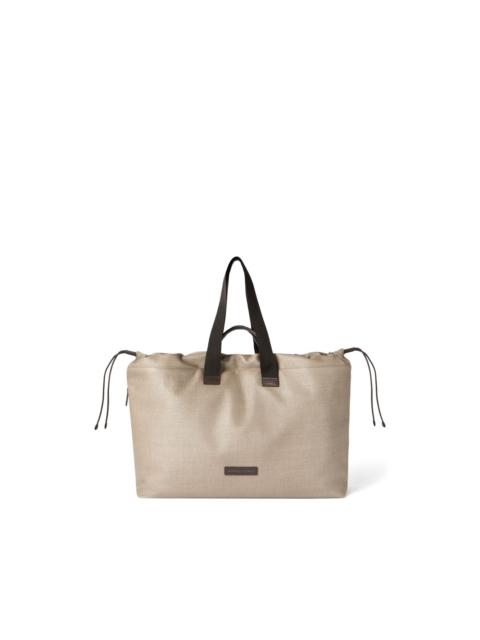 Raffia-effect nylon and leather small leisure bag