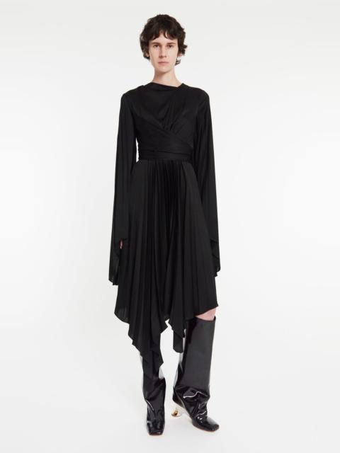 WRAP AROUND MIDI DRESS WITH PLEATED SKIRT & SLEEVES BLACK