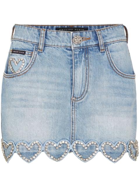 heart-embellished denim skirt