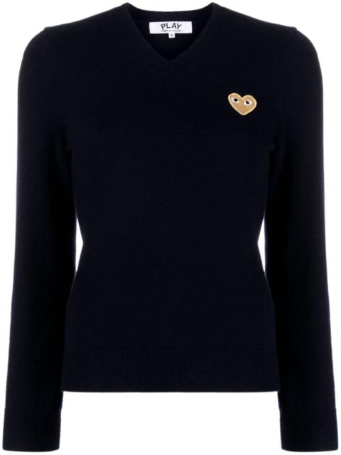 heart-patch V-neck wool jumper