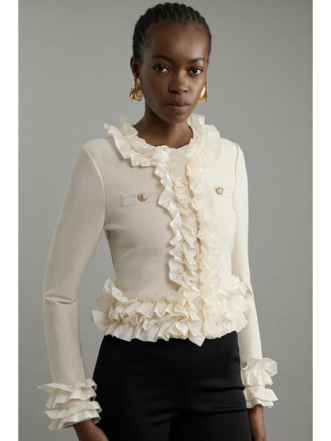 Figure Form Bandage Knit Jacket With Woven Ruffle Trim