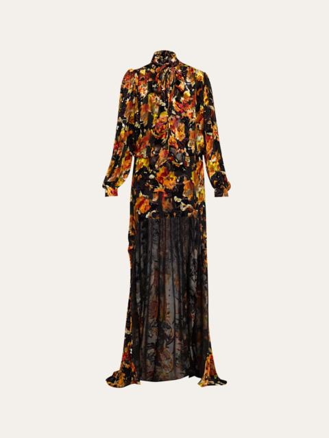 Floral Velvet Long-Sleeve High-Low Dress